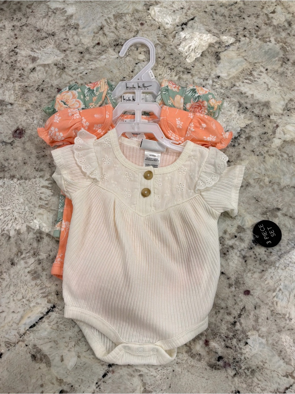 Nicole Miller 3-Piece Baby Girl Bodysuit Set - Cream, Peach, Green Floral
